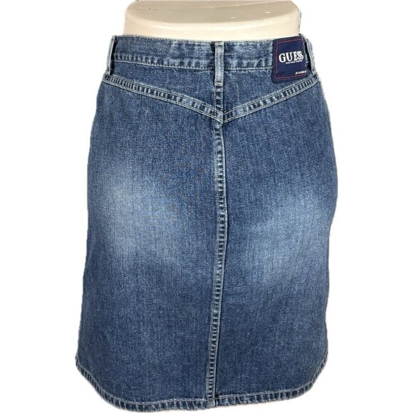 Guess 28 Logo Blue Denim Button Zip Pockets Slit Front Cotton Knee Length Skirt - Picture 4 of 6